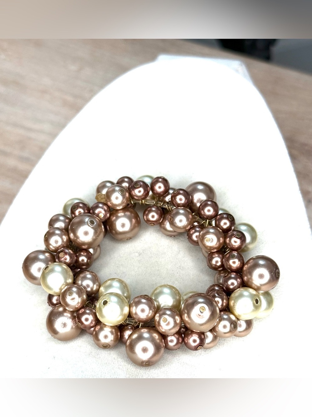 Statement Faux Pearl Cluster Stretch Bracelet Champagne Bronze Cream Beaded